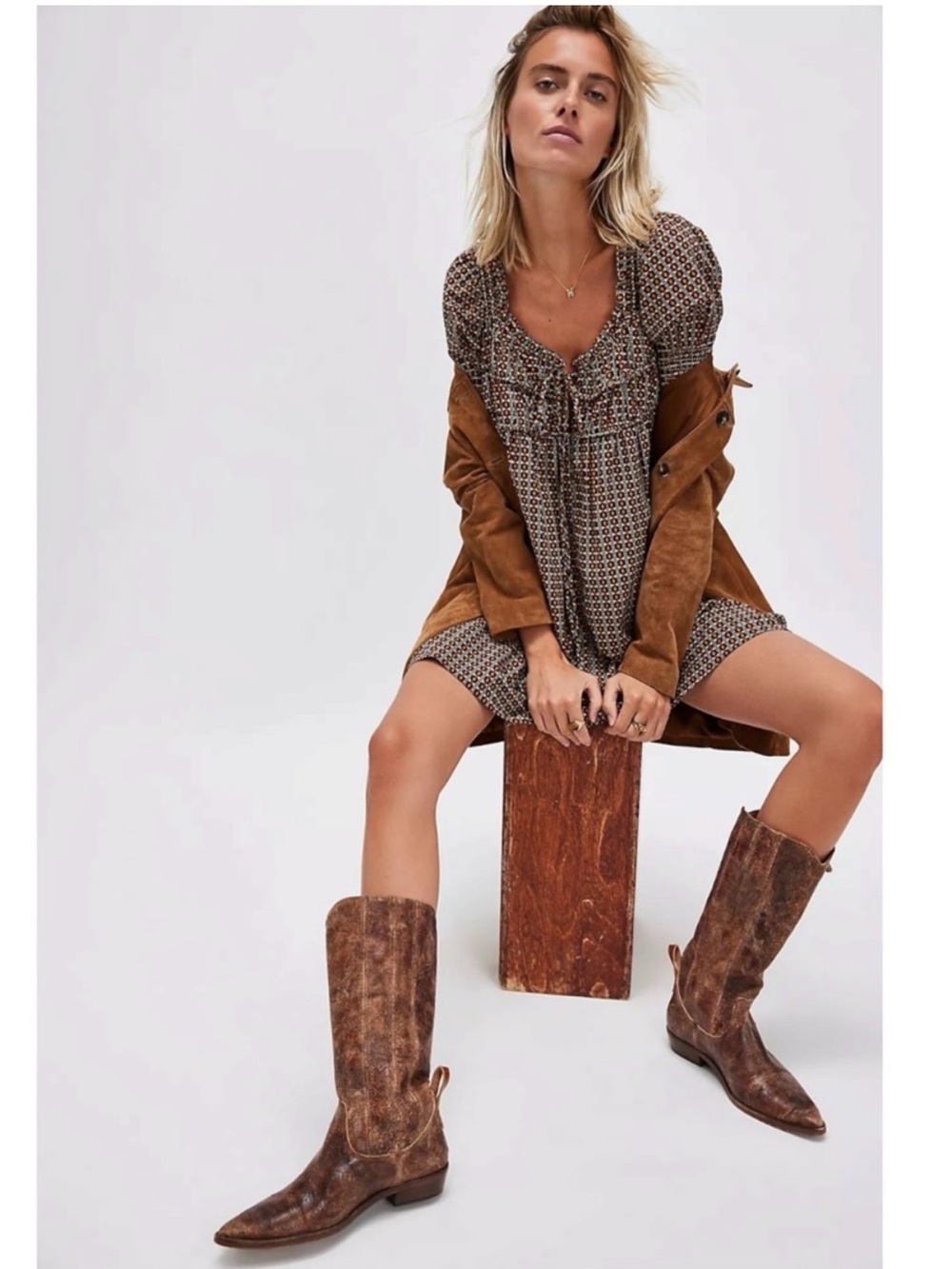 Free People Retro 70s Babydoll Star Dip Mini Dress Black Combo Brown
